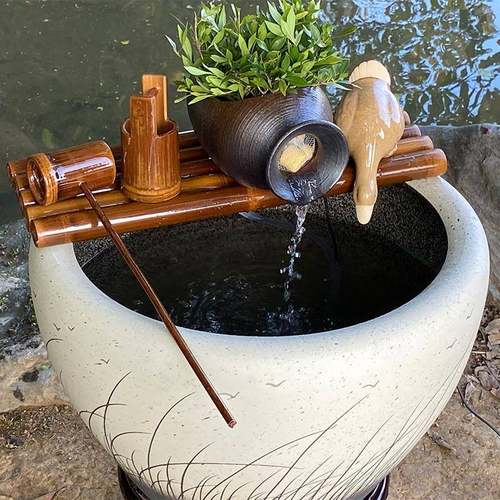 陶瓷鱼缸竹子流水过滤摆件三合一增氧净水圆缸专用过滤水循环系统