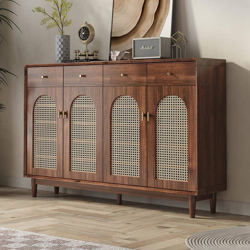 藤编鞋柜中古风复古入户实木框家用门口客厅收纳胡桃色储物玄关柜