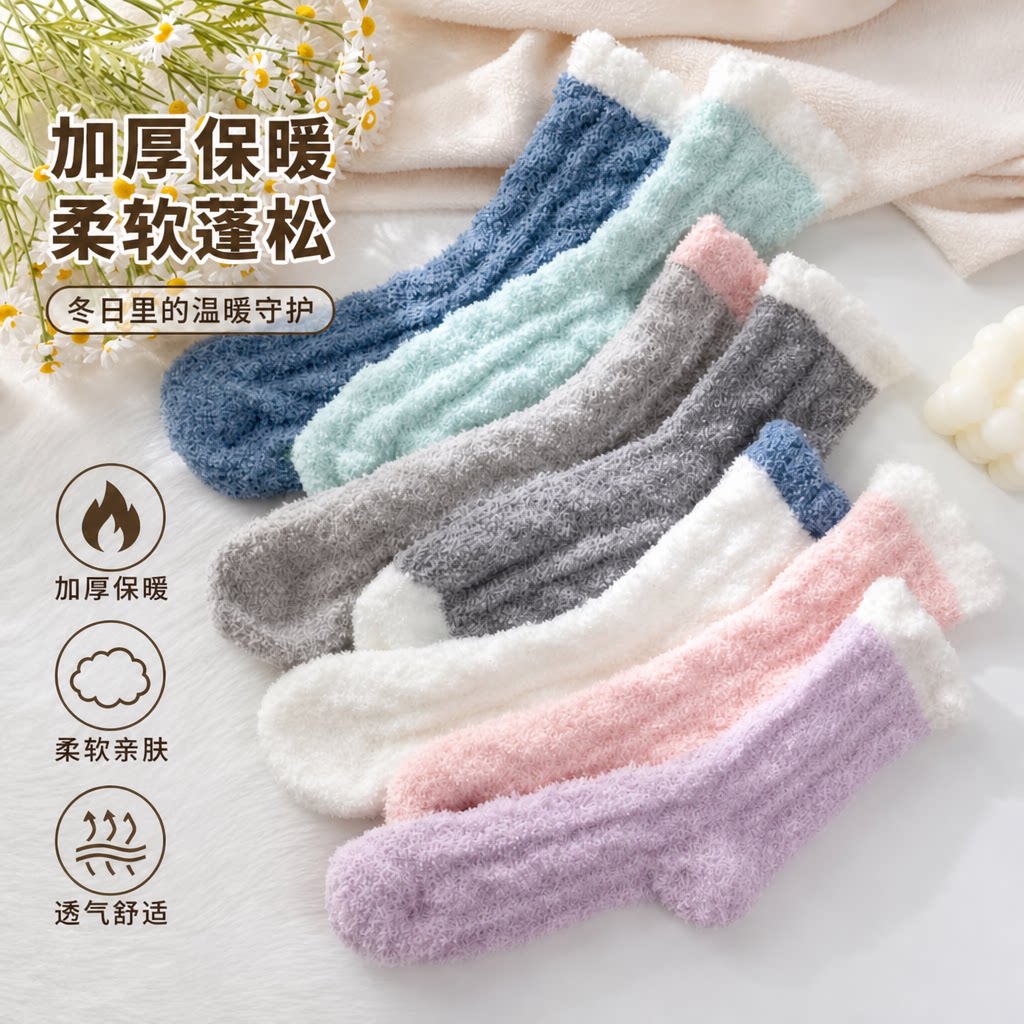 珊瑚绒月子袜子女产后加绒加厚棉袜家居睡眠保暖睡觉地板袜秋冬季