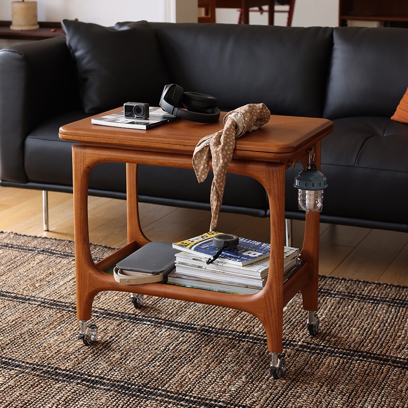 中古实木茶几多功能边几客厅家用小户型橡木实木推车折叠桌面