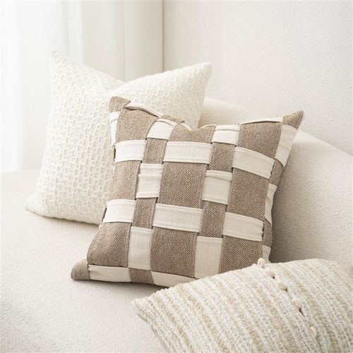 元熙壹品侘寂风棉麻米咖色沙发抱枕酒店展厅腰枕条纹靠枕