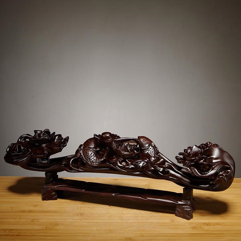 黑檀木雕连年有鱼如意摆件红木家居客厅电视柜装饰工艺品新居送礼