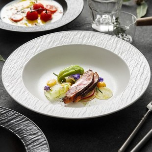 磨砂草帽盘陶瓷西餐盘意面盘沙拉盘石纹盘子深盘家用汤盘酒店餐具