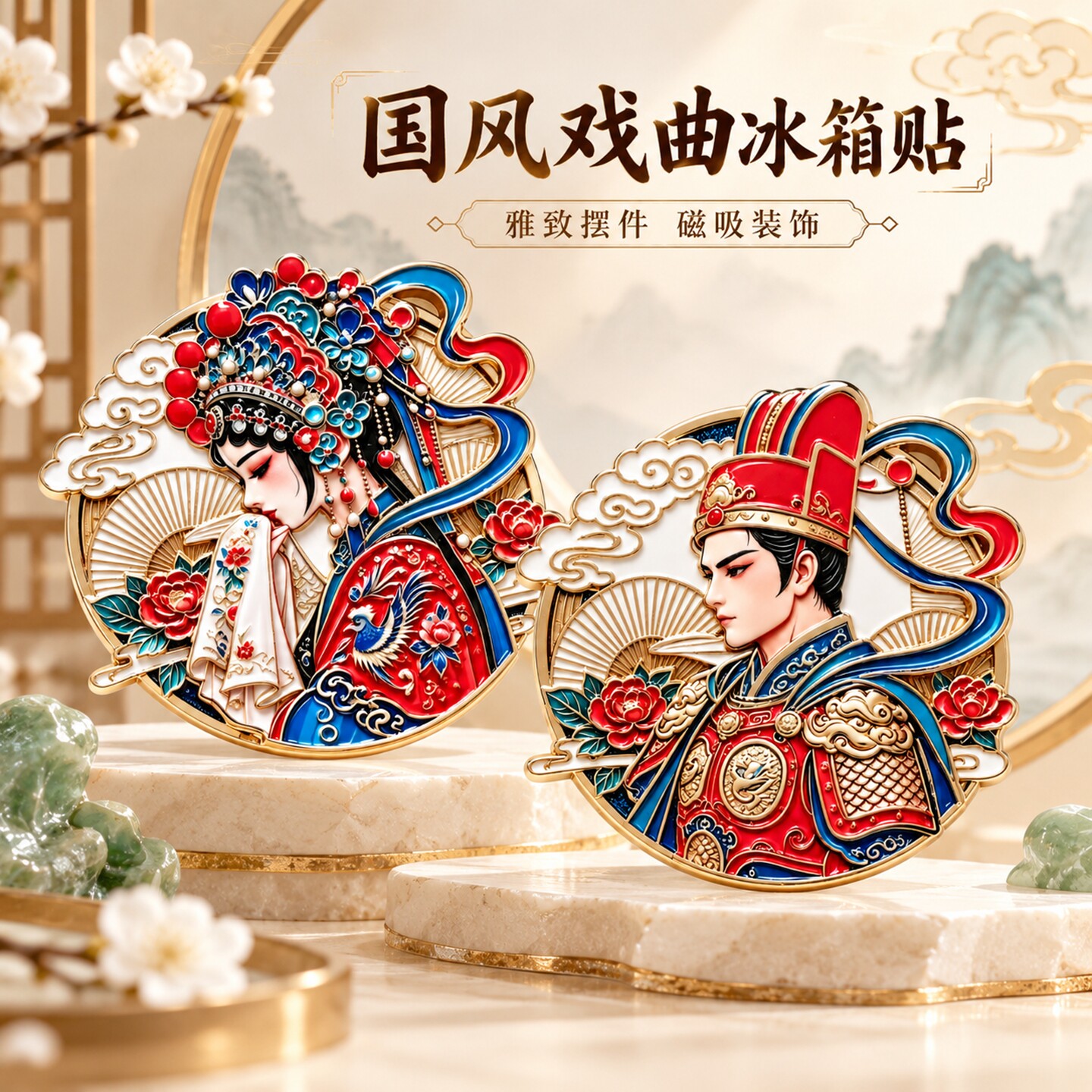 国风戏曲霸王虞姬冰箱贴浮雕工艺金属磁吸贴冰箱白板创意装饰摆件