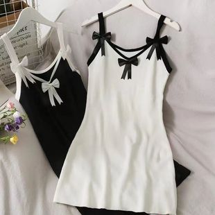 纯欲吊带裙夏季 显瘦拼色蝴蝶结小香风 新款 日系甜美学生修身