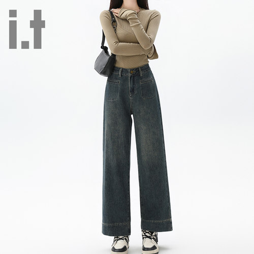 it ccaabb复古高腰阔腿牛仔裤女春季口袋设计直筒裤九分阔腿裤K