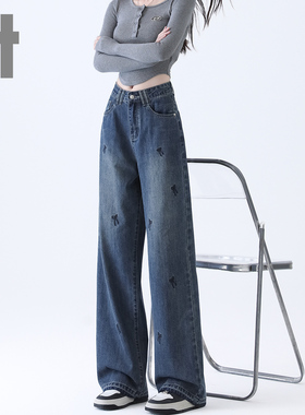 it ccaabb牛仔裤女宽松蝴蝶结印花百搭显瘦新款高腰拖地裤长裤K