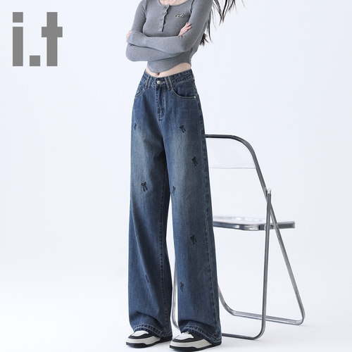 it ccaabb牛仔裤女宽松蝴蝶结印花百搭显瘦新款高腰拖地裤长裤K