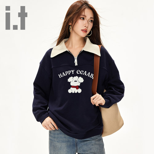 it ccaabb春秋女装半拉链翻领卫衣甜美学院风萌宠狗狗提花上衣K