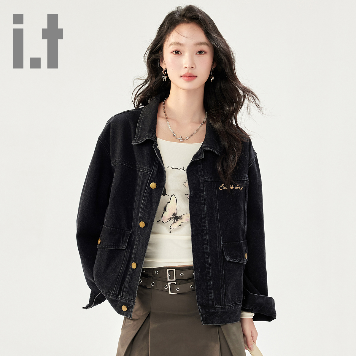 it ccaabb女装美式复古牛仔外套翻领春秋新款酷帅通勤夹克外套女K