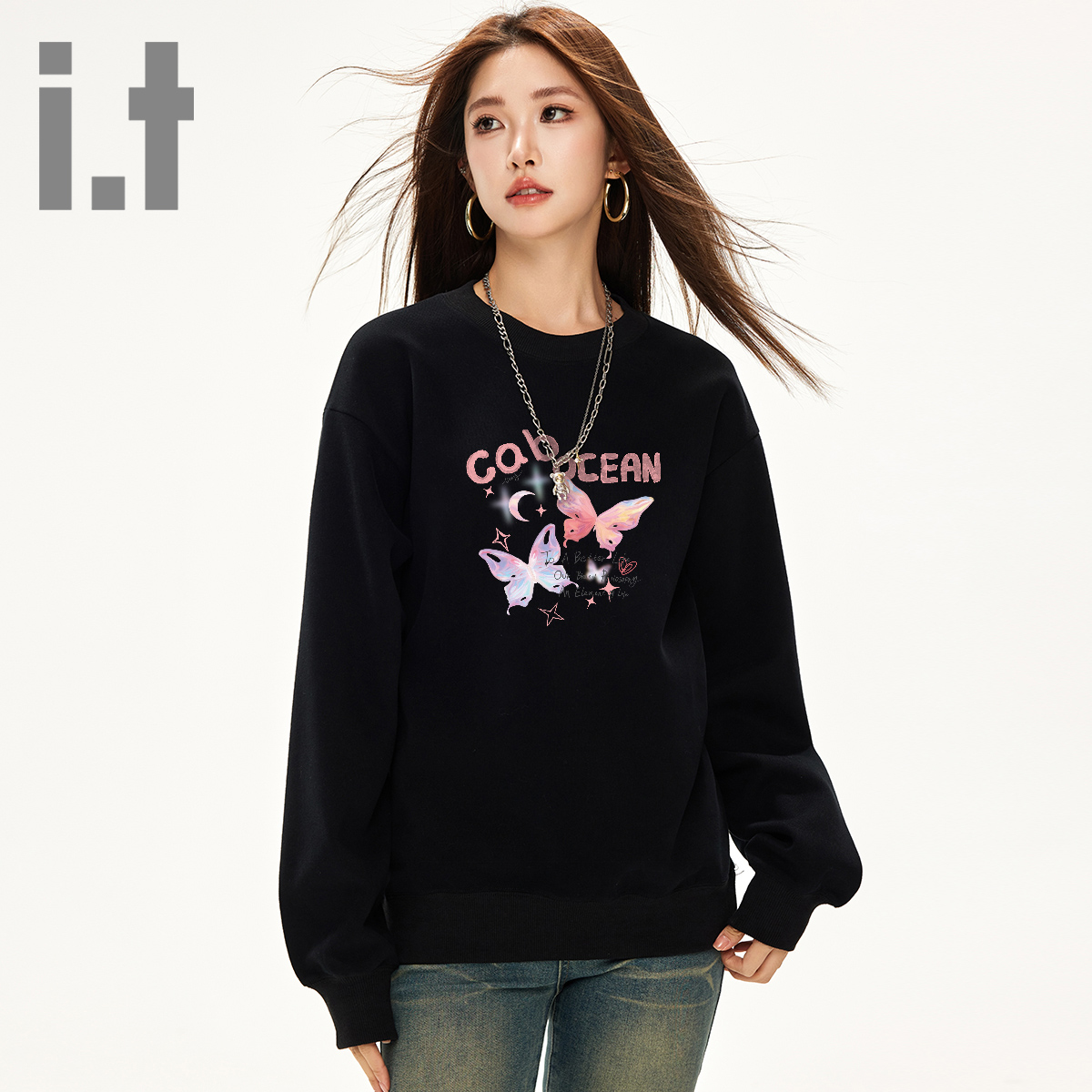 it ccaabb春秋新品蝴蝶印花设计圆领卫衣宽松加厚显瘦套头上衣K