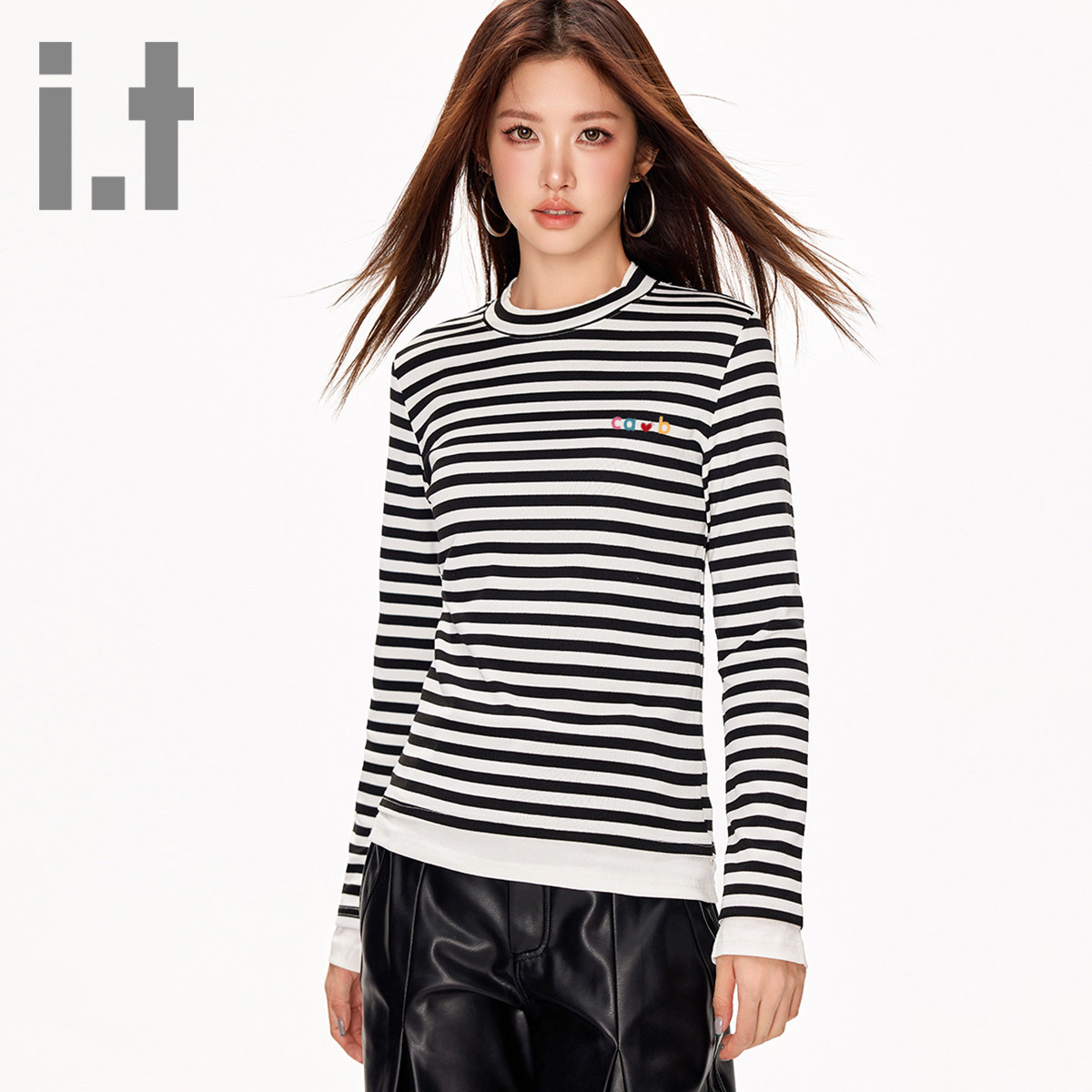 it ccaabb新款黑白撞色条纹拼接长袖T恤针修身半高领打底衫上衣K