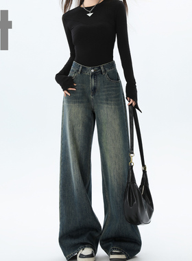 it ccaabb加绒牛仔裤女冬季新款高腰显瘦宽松设计感阔腿拖地裤K