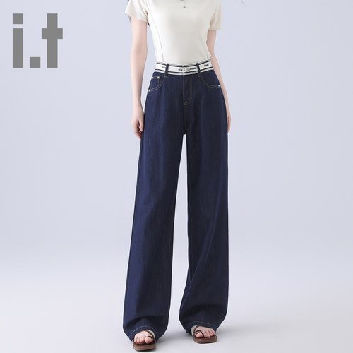 it ccaabb美式复古牛仔裤女百搭新款高腰显瘦松紧腰牛仔裤女长裤K