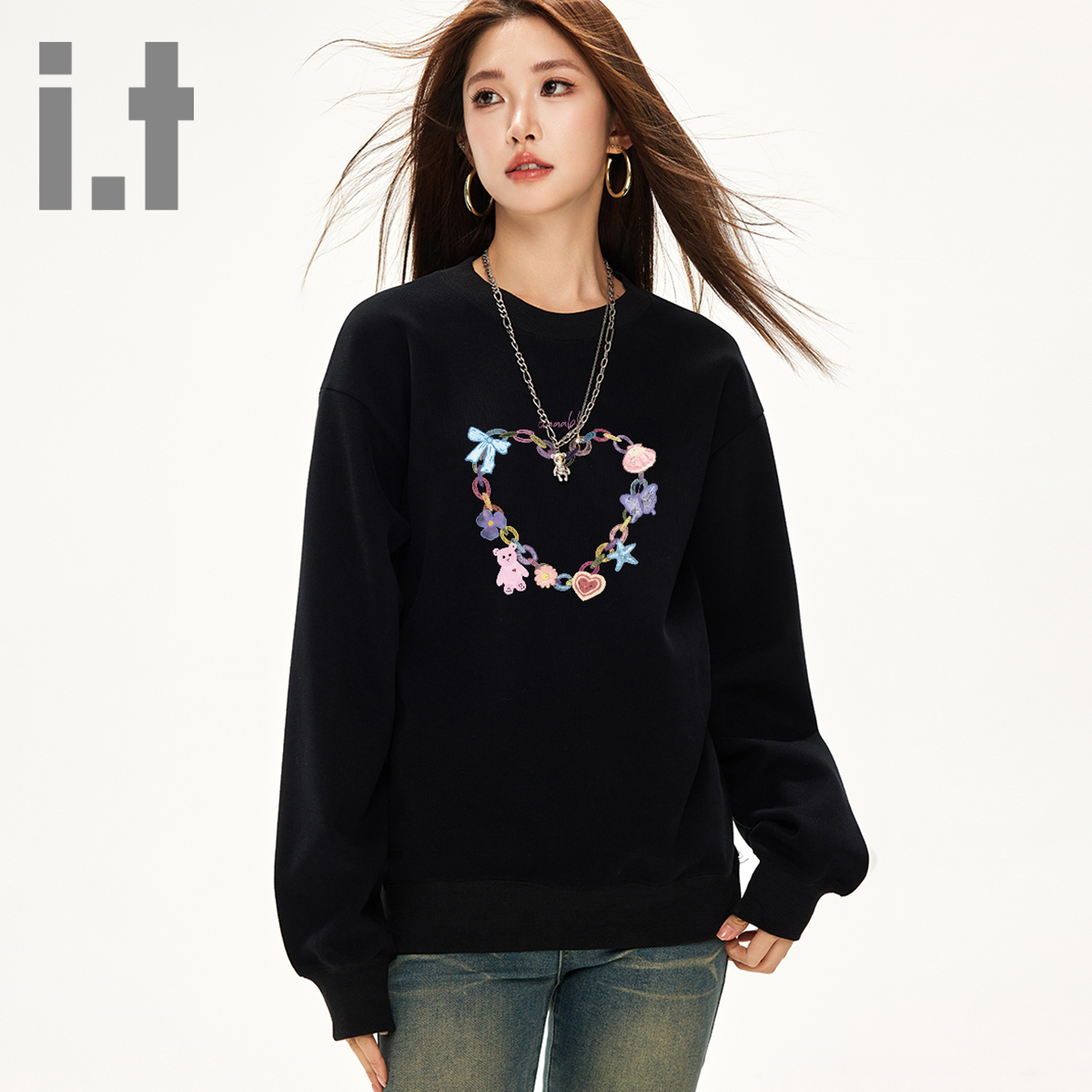 it ccaabb秋冬加绒甜美印花圆领套头卫衣女新款休闲宽松长袖上衣K