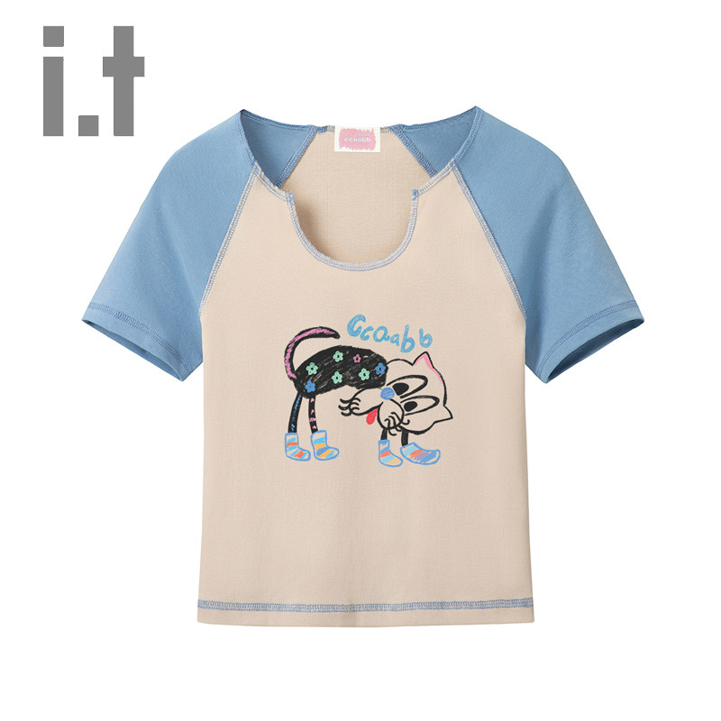 it ccaabb趣味印花短袖T恤女夏新款短款百搭插肩袖撞色收腰上衣K