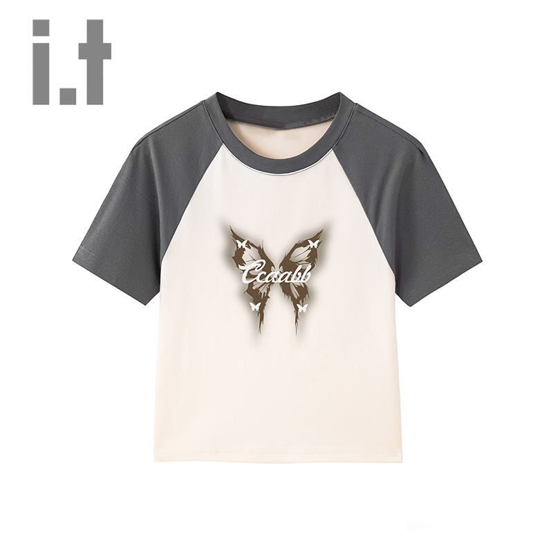 it ccaabb美式复古拼色插肩短袖t恤女夏季薄款修身上衣体恤短款K