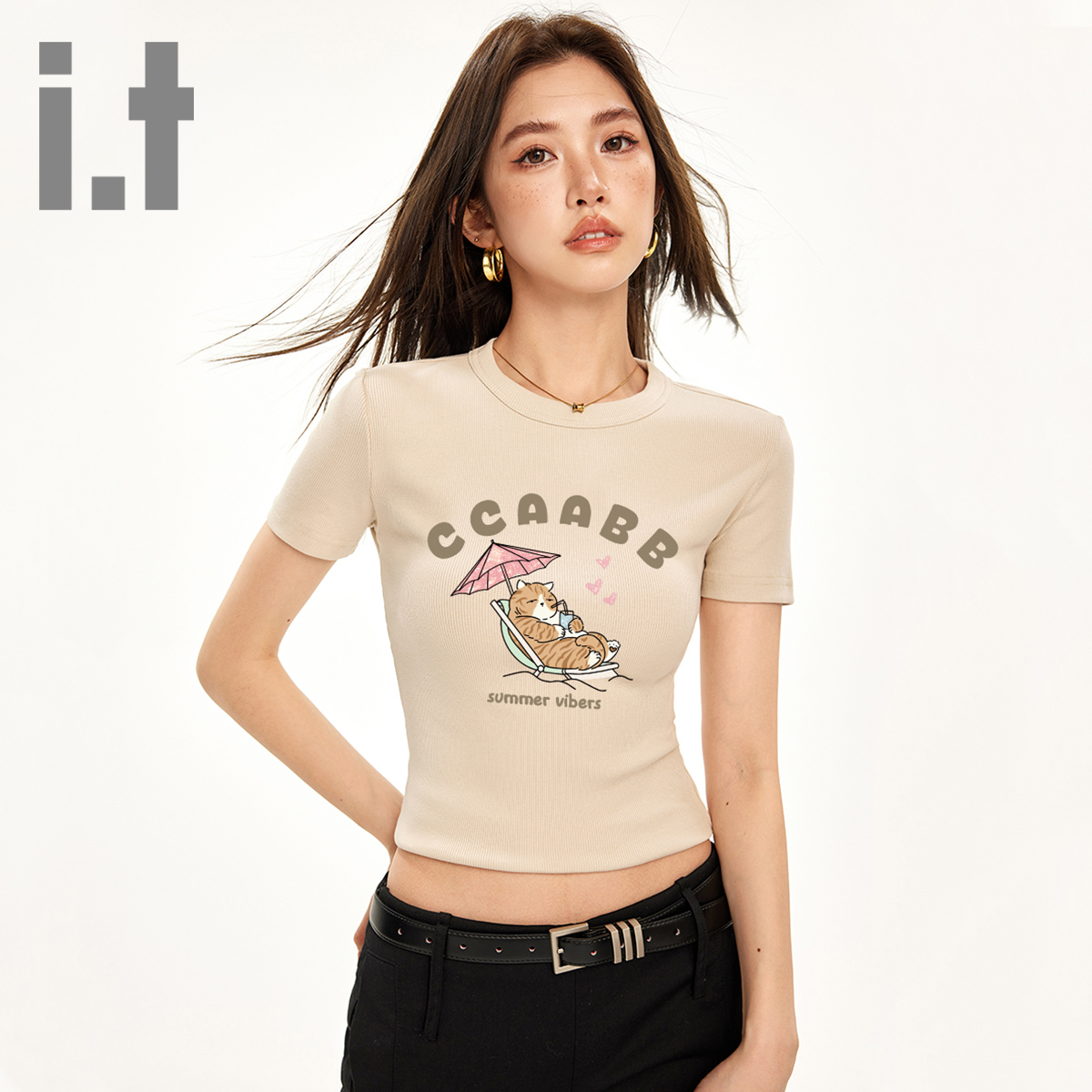 it ccaabb卡通小猫印花T恤女短袖圆领修身韩版夏新款短款上衣服K