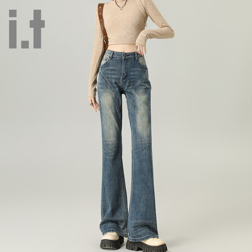 it ccaabb复古街头水洗微喇牛仔裤女春季新款辣妹高腰显瘦马蹄裤K