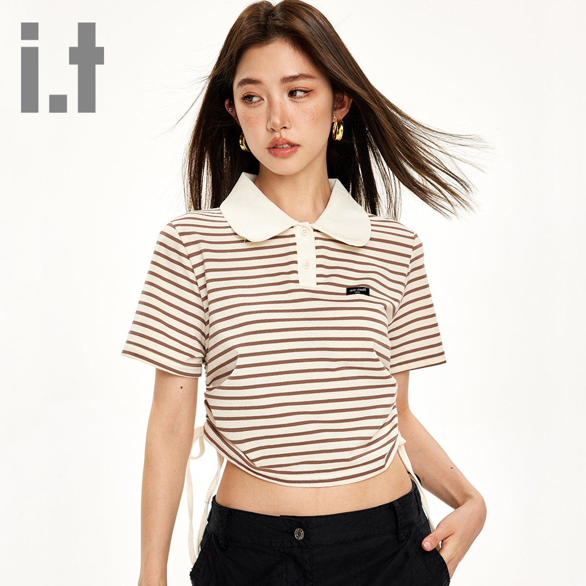 it ccaabb条纹polo领短袖T恤女夏2025新款两侧抽绳设计感上衣K