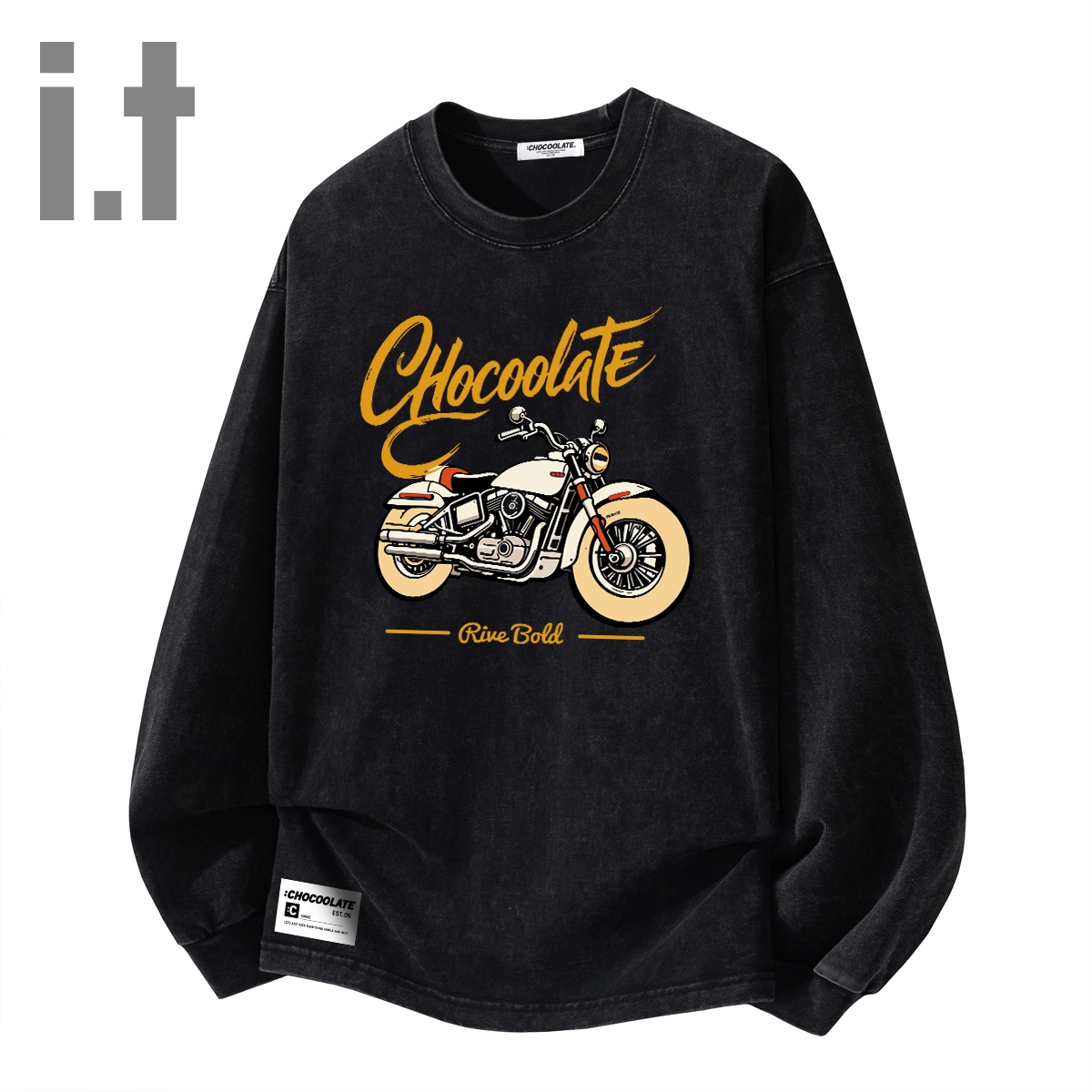 i.tCHOCOOLATE水洗做旧工艺街头嘻哈机车摩托圆领全棉长袖T恤情侣