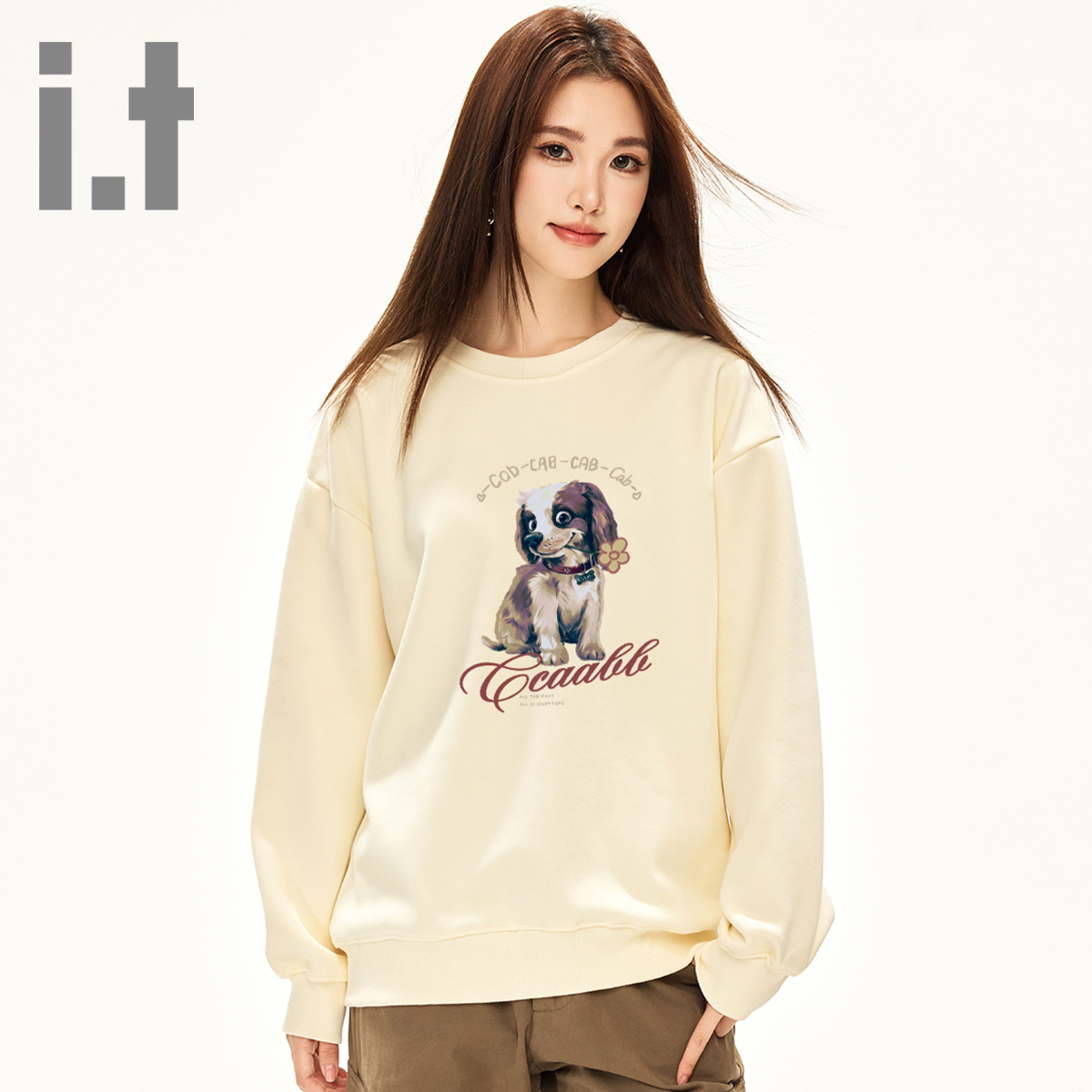it ccaabb美式复古小狗印花慵懒风卫衣女秋新款宽松上衣潮流K