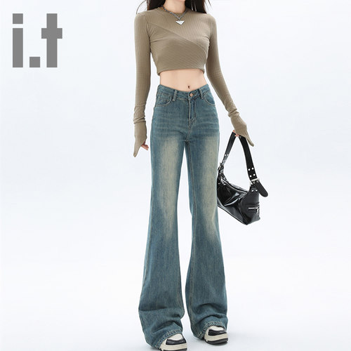 it ccaabb复古微喇牛仔裤女春秋款2025年新款高腰显瘦美式喇叭裤K