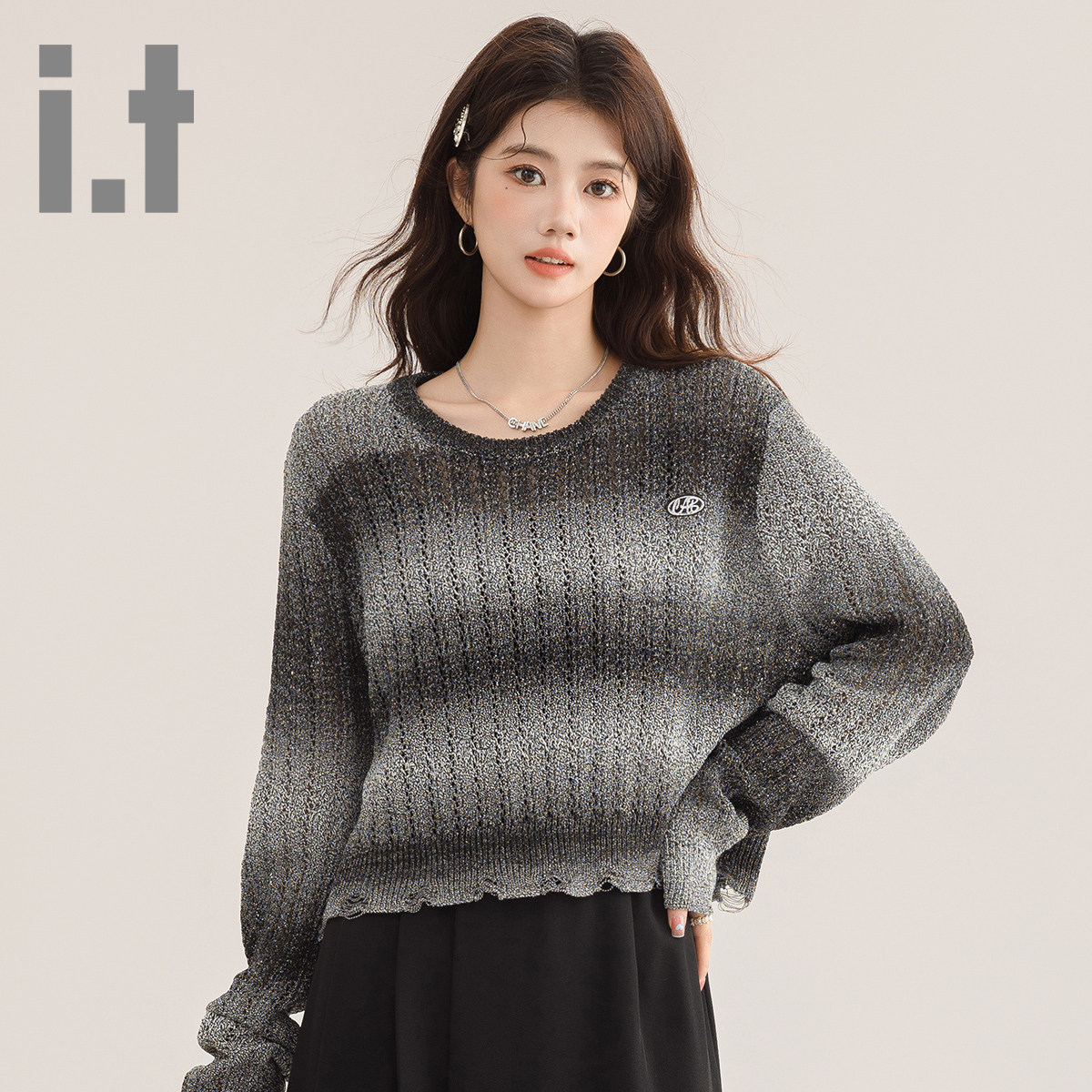 it ccaabb秋季款女士针织毛衣百搭渐变温柔舒适长袖T恤套头毛衣K