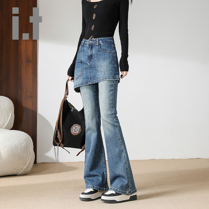 it:CHOCOOLATE高腰弹力显瘦微喇牛仔裤女春季新款假两件喇叭裙裤K