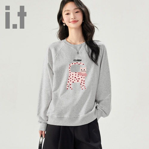it ccaabb潮牌加绒卫衣女秋冬新款斑点猫咪印花休闲宽松圆领上衣K