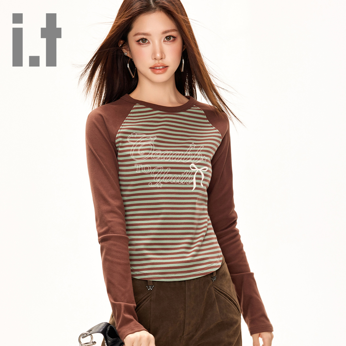 it ccaabb复古条纹插肩长袖T恤女新款正肩内搭打底衫上衣女装K