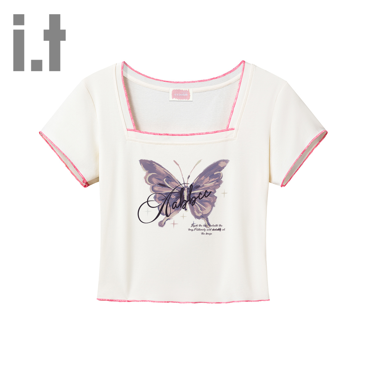 it ccaabb蝴蝶印花短款圆领短袖t恤修身显瘦休闲正肩夏季上衣K