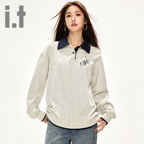 it ccaabb春季字母印花撞色学院风polo领卫衣女慵懒风显瘦上衣K