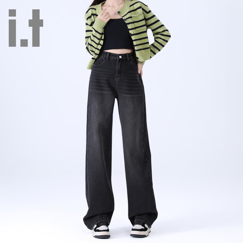 it ccaabb复古加绒加厚牛仔裤女秋冬季宽松百搭直筒阔腿保暖长裤K