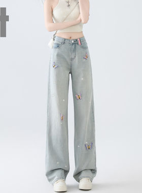 it ccaabb美式立体蝴蝶烫钻牛仔裤女高腰显瘦直筒百搭阔腿裤长裤K