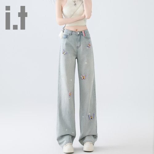 it ccaabb美式立体蝴蝶烫钻牛仔裤女高腰显瘦直筒百搭阔腿裤长裤K