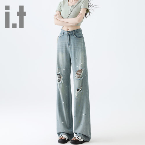 it ccaabb港风破洞阔腿牛仔裤女高腰新款宽松显瘦垂感烫钻直筒裤K