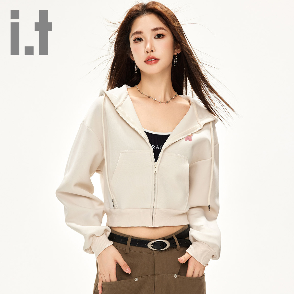 it ccaabb连帽开衫卫衣春秋款宽松休闲甜美小个子短款上衣外套女K