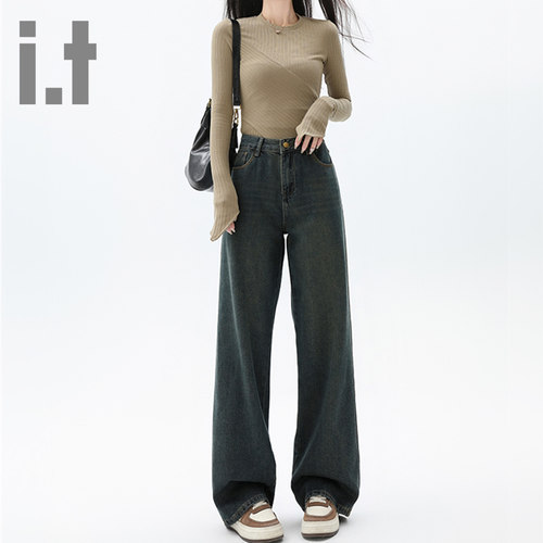 it ccaabb做旧水洗复古直筒牛仔裤女春秋宽松高腰显瘦阔腿长裤K