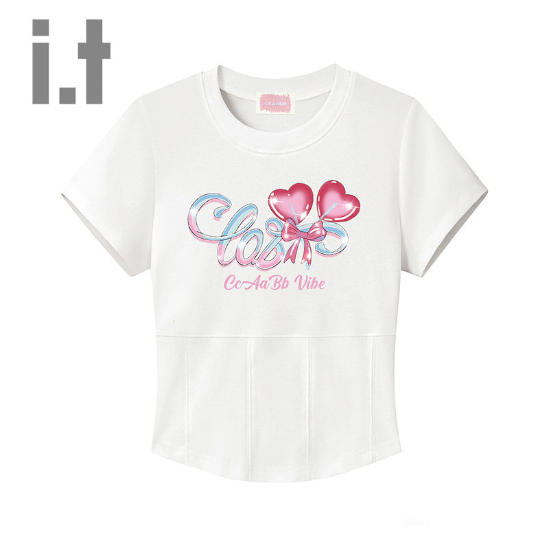 it ccaabb甜辣字母印花正肩短袖圆领T恤女夏季短款时尚休闲上衣K
