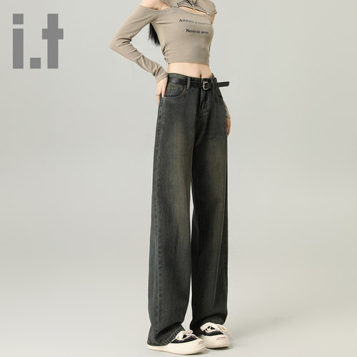it ccaabb阔腿牛仔裤女春秋新款高腰宽松显瘦复古窄版直筒裤女装K