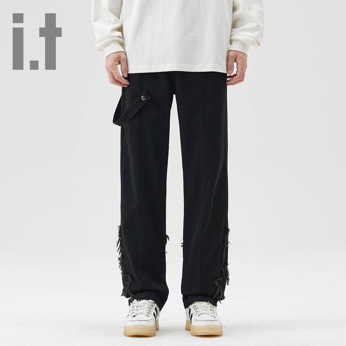 i.t ccaabb飘带拼接毛边星星直筒纯色长裤男秋季牛仔裤K