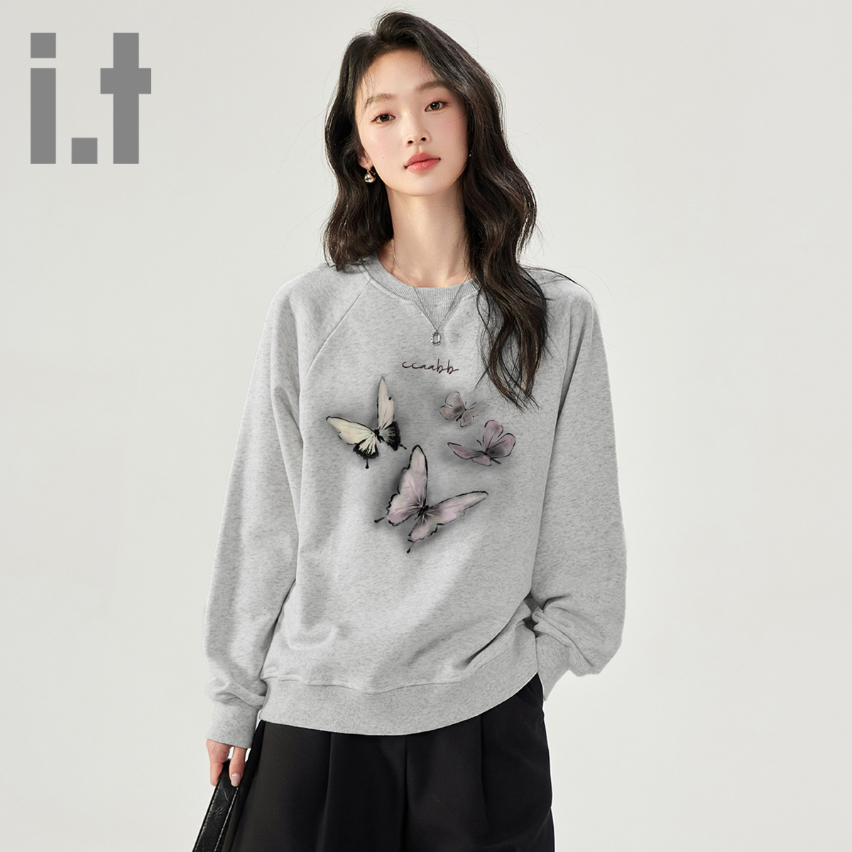 it ccaabb卫衣女灰色正肩潮牌蝴蝶印花圆领新款设计感小众上衣K