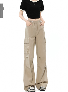 it ccaabb松紧腰工装裤女2025新款美式大口袋时尚拖地休闲裤子K
