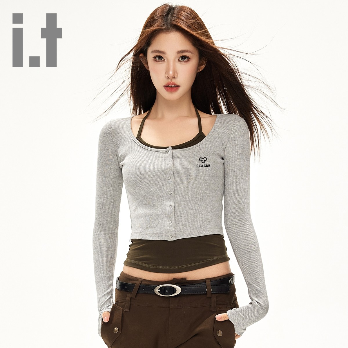 it ccaabb早春复古体恤修身显瘦假两件辣妹针织长袖T恤女打底衫K