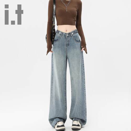 it ccaabb浅色直筒牛仔裤女春秋2025新款复古垂感窄版阔腿裤K