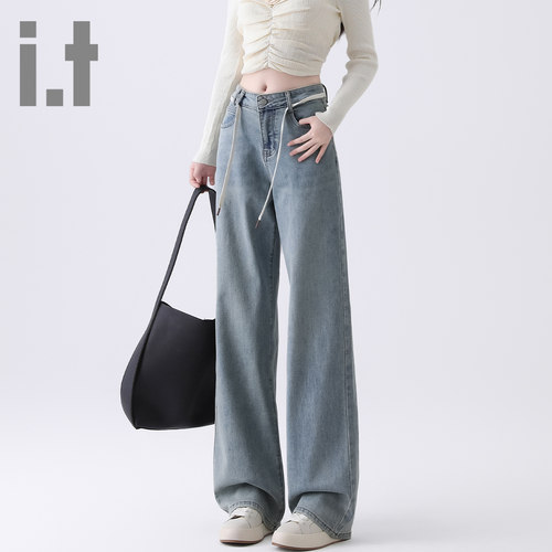 it ccaabb水洗直筒牛仔裤女春秋新款高腰复古绑带阔腿裤子长裤K