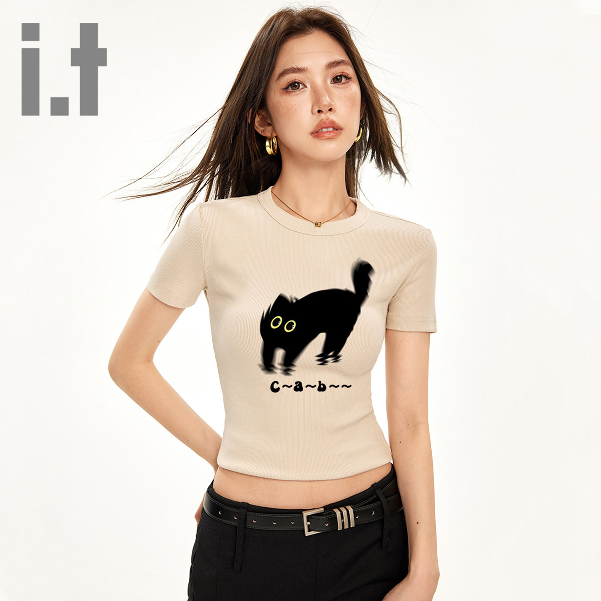 it ccaabb短袖t恤女2025夏季新款小米印花纯欲辣妹装打底衫上衣K