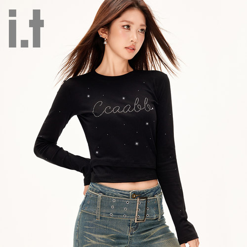 it ccaabb正肩烫钻字母长袖t恤女2025款春季内搭打底衫黑色上衣K