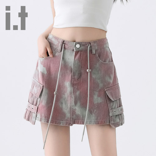it ccaabb高腰辣妹工装牛仔裙女百搭设计感A字迷彩短裙夏季新款K